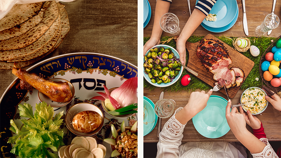 A spilt image showing a Seder plate for Passover on one side and an Easter breakfast with ham and colored eggs on the other side.