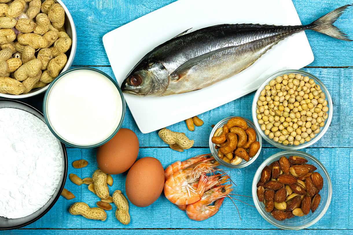 Los principales alérgenos de los alimentos son la leche, los huevos, el maní, el pescado, los mariscos, el trigo, la soja y los frutos secos - mesa de madera rústica azul, vista desde arriba.