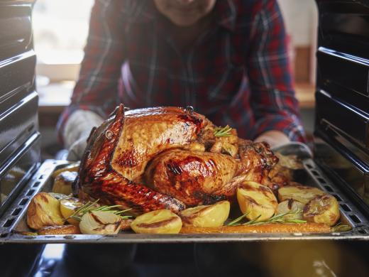 An photo from inside an oven of a person pulling a roast turkey and onions on a tray out of an oven.