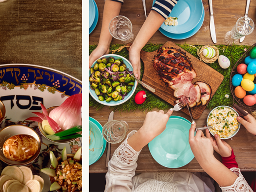 A spilt image showing a Seder plate for Passover on one side and an Easter breakfast with ham and colored eggs on the other side.