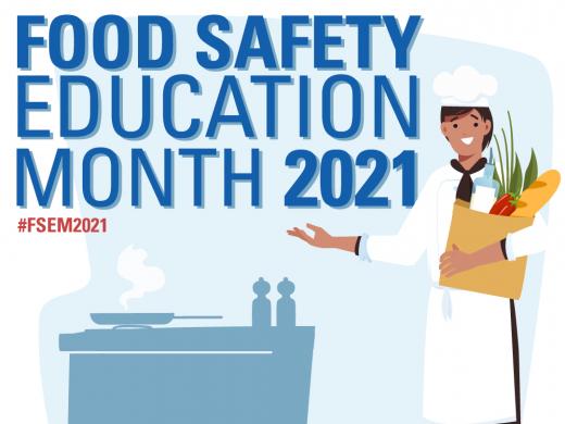 Mes de Educación sobre la Seguridad Alimentaria 2021 - Imagen de un cocinero con texto promocional de #FSEM2021 y cdc.gov/foodsafety